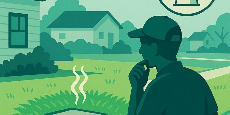 Homeowner noticing faint sewage odor over a greener patch above a septic tank lid, with an inset gurgling toilet icon.