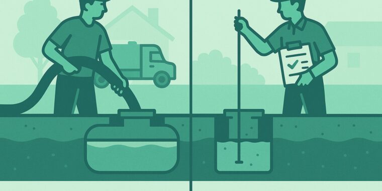Split illustration: technician vacuuming a septic tank (left) and inspector using a sludge-judge with clipboard (right).