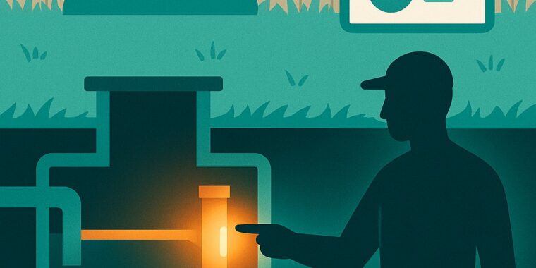 Cutaway of a septic tank inspection showing an inspector pointing to a glowing outlet baffle under a backyard.