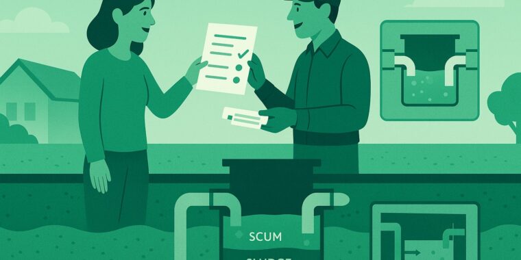Stylized cutaway of a yard showing a septic tank and an inspector pointing to a floating inspection report.