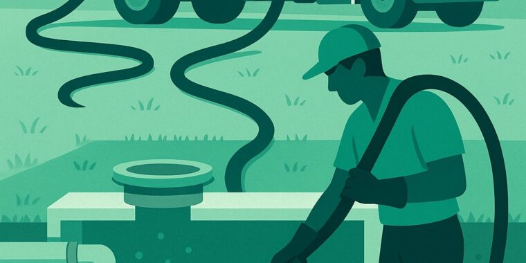 Technician hydro-jetting and vacuum-extracting sludge from a cross-section septic tank with a vacuum truck in a yard.