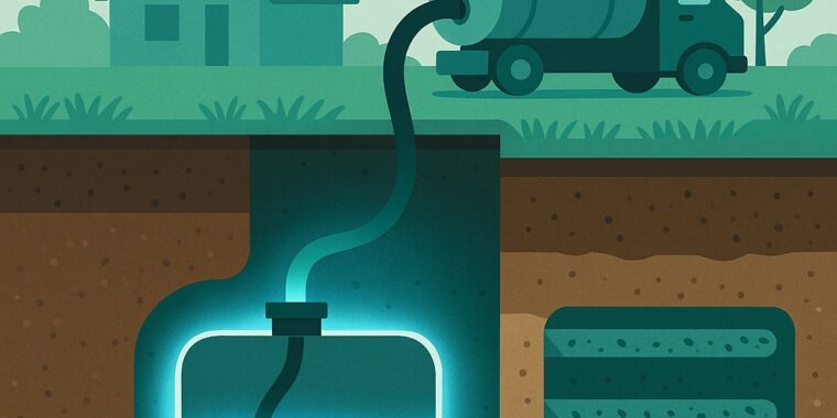 Stylized cross-section showing a vacuum truck pumping a septic tank and a healthy drain field.