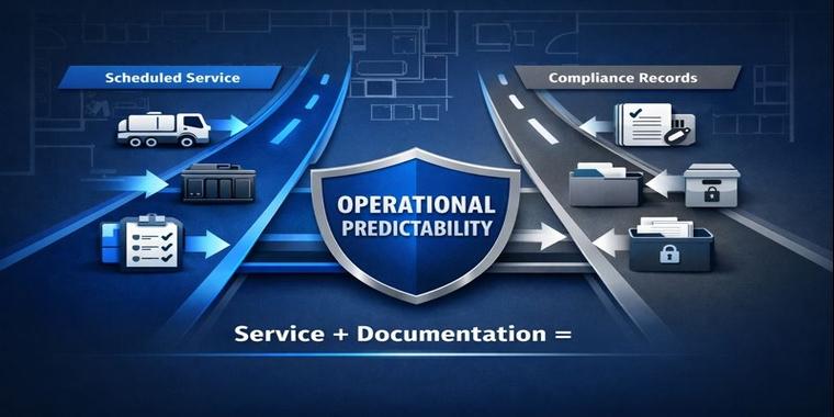 Infographic: service and records lanes converge to a shield labeled "Operational Predictability".