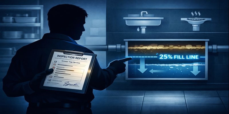 Stylized illustration of a manager holding an inspection manifest pointing to a grease trap cutaway showing "25% FILL LINE".