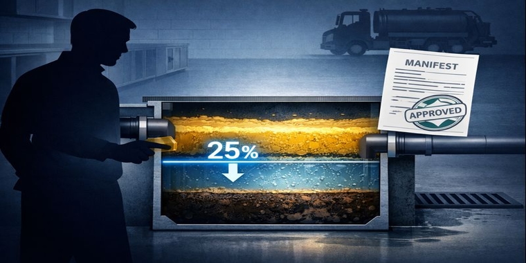 Stylized grease-trap cross-section showing a 25% grease/solids level, manager silhouette, vacuum truck, and an “APPROVED” manifest.