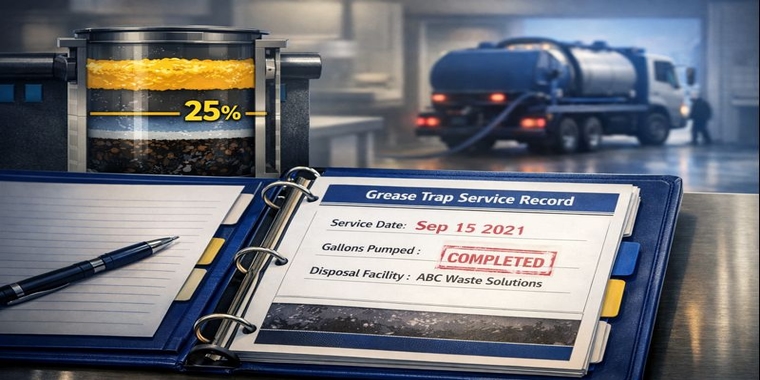 Open grease-trap service log with stamped record, a 25% cross-section gauge, and a vacuum truck in background..