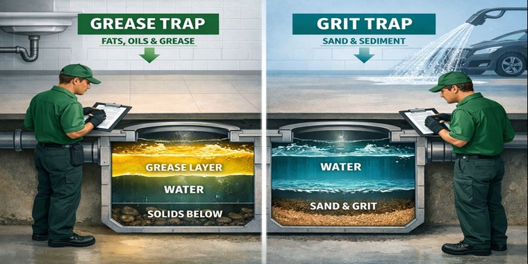 Split cross-sections: grease trap with floating FOG and grit trap with settled sand, technicians inspecting.