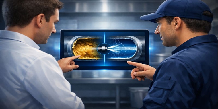 Kitchen manager and technician view a tablet showing a clogged pipe cross-section vs a hydro-jetted, restored pipe.