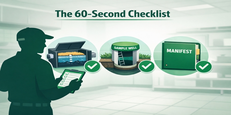 Stylized inspector checking a 60-second FOG checklist: grease trap cutaway, open sample well, and manifest binder..