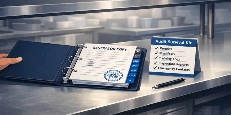 Organized tabbed audit binder on a stainless-steel pass with a stamped “DISPOSAL STAMP” manifest and an audit checklist card.