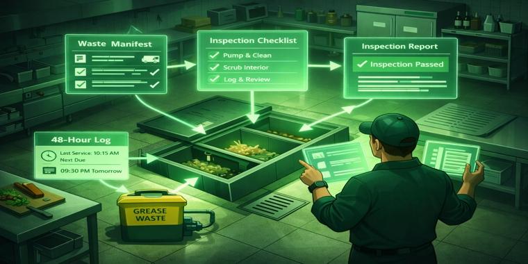 Stylized illustration of a kitchen compliance manager overseeing grease trap cleaning with digital waste manifests and inspection panels.