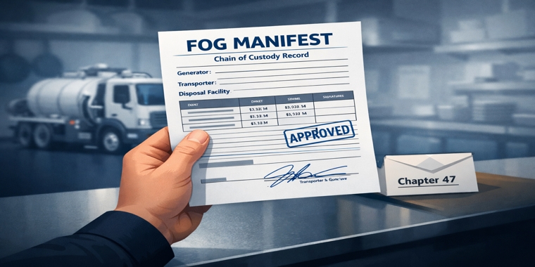 Hand holding a signed FOG manifest stamped "APPROVED," with a vacuum truck and a "Chapter 47" notice visible in the background.