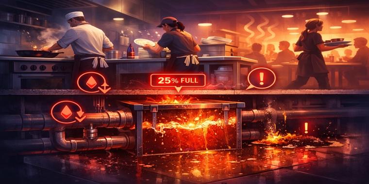 Stylized illustration of a busy restaurant kitchen with an overflowing grease trap beneath, highlighting early-warning signs.