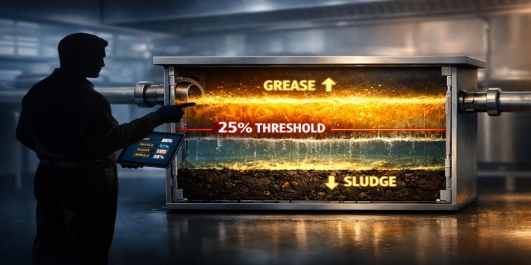Stylized cross-section of a grease trap showing FOG and sludge layers reaching the 25% compliance threshold with a kitchen manager monitoring.