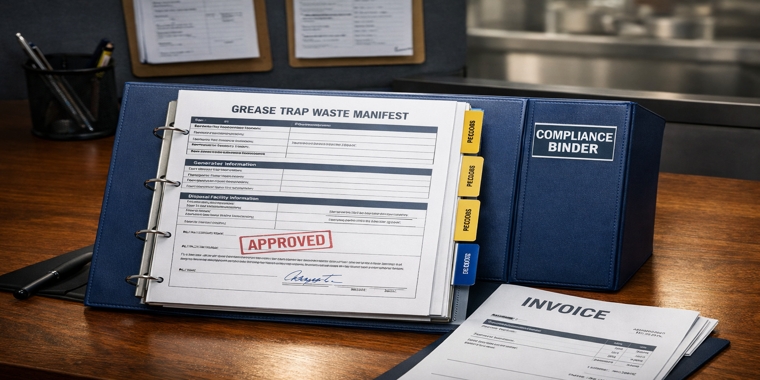 Open compliance binder showing grease trap waste manifest stamped approved, with an invoice beside it on a desk.
