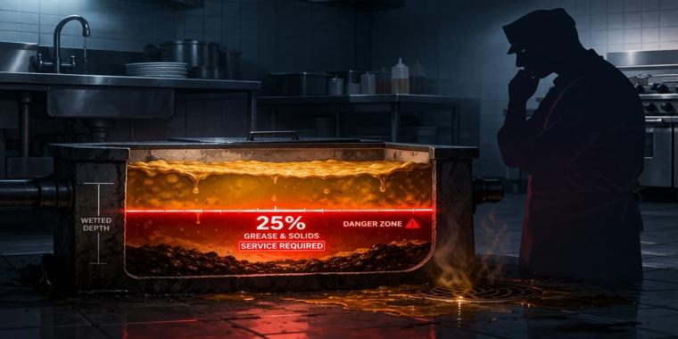 Cutaway of a commercial kitchen grease trap at 25% capacity with a warning line, kitchen manager silhouette observing risk.
