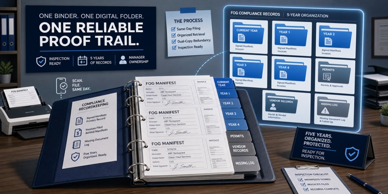 Open FOG manifest binder and matching digital folders organized for five years of restaurant inspection records.