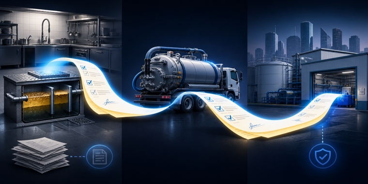 Stylized FOG manifest trail connecting a grease trap, vacuum truck, and disposal facility.
