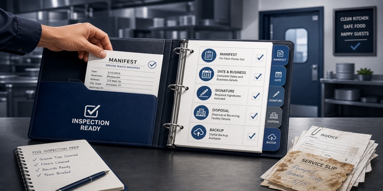 Infographic highlighting FOG manifest red flags, including no manifest, missing service date, missing signature, missing facility details, and no digital backup.