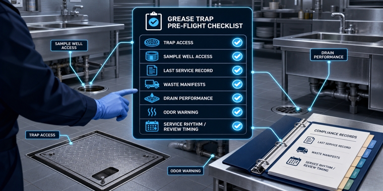 Stylized grease trap inspection checklist showing restaurant drains, trap access, sample well, and compliance records.