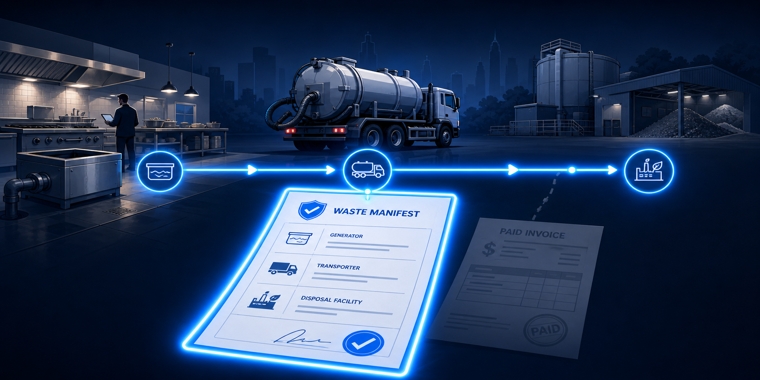 Stylized chain-of-custody illustration showing a grease trap manifest linking a restaurant, waste hauler, and disposal facility.