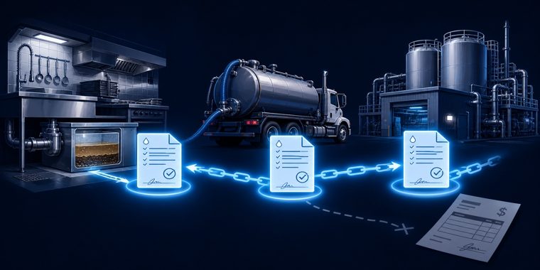 Illustration of grease waste moving from a restaurant trap to a vacuum truck and processing facility via manifests.