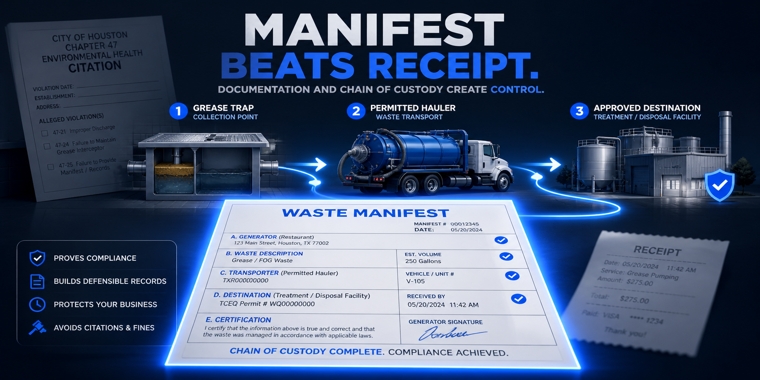 Waste manifest highlighted over grease trap service flow, showing why documentation matters after a Houston citation.