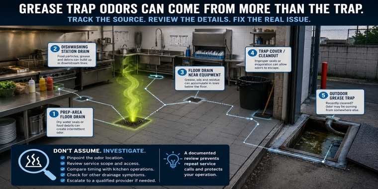 Commercial kitchen diagram tracing odor from a floor drain instead of the recently cleaned outdoor grease trap.