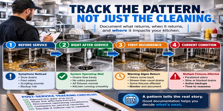 Restaurant manager documents grease trap symptoms across four post-service stages in a commercial kitchen.