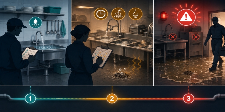 Three-stage restaurant drain escalation from slow sink monitoring to recurring symptoms and urgent wastewater backup.