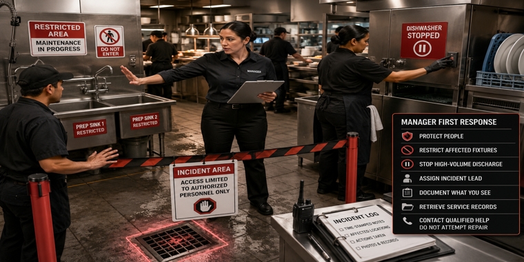 Restaurant manager restricts sinks and a floor drain while staff stop a dishwasher during a kitchen backup.