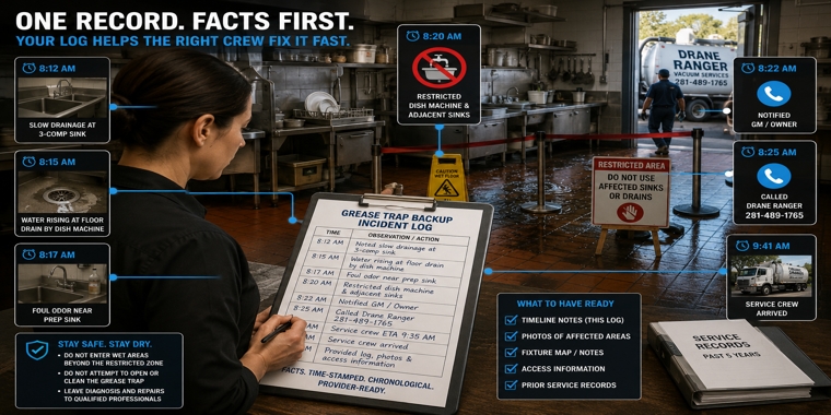 Restaurant manager records a grease trap backup timeline while the kitchen area is restricted and a service crew arrives.