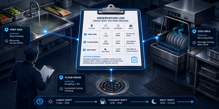 Restaurant kitchen map linking sink, floor drain, and dish-area symptoms across shifts through a shared observation log.