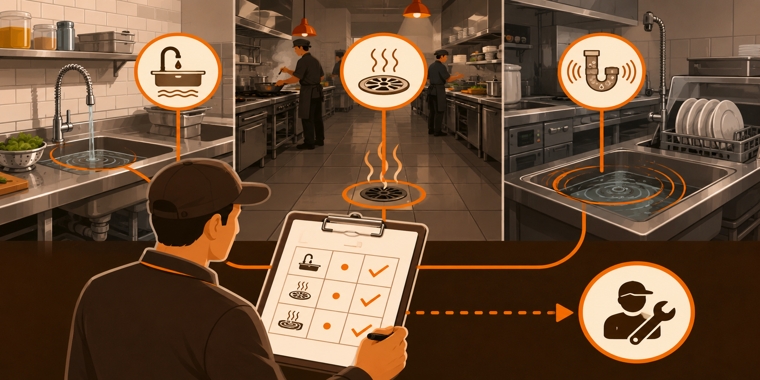 Restaurant manager logs slow drainage, floor-drain odor, and gurgling sinks before calling for service.